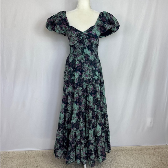 Free People Floral Sundrenched Short Sleeve Maxi Dress Navy Blue Green Size M - Picture 5 of 15